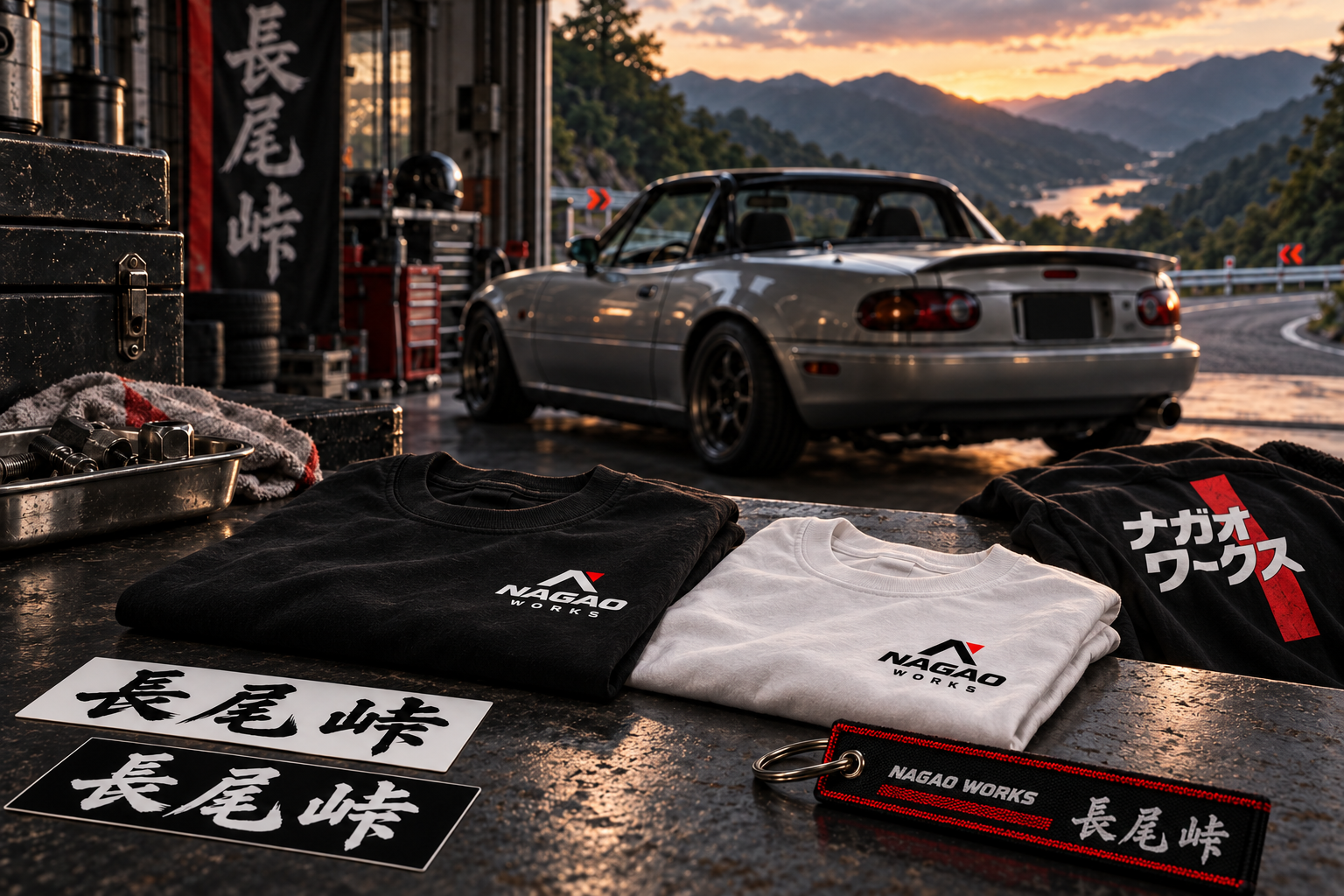 Illustrative Werkstattszene mit Nagao Works Shirts, Stickern und japanischer Berglandschaft